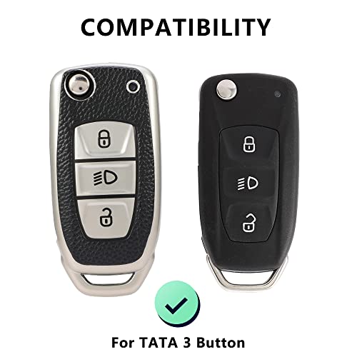 Leather TPU Key Cover Compatible for Tata Nexon Harrier Altroz Punch Safari Tigor Tiago Zest Bolt 3 Button flip Key (Black)