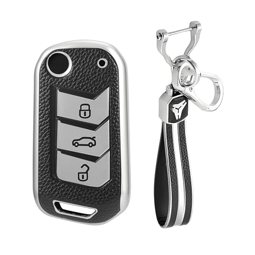 Leather TPU Key Cover and Keychain Compatible for Mahindra Thar, Bolero, Scorpio, XUV700, XUV400, XUV300, TUV300, Marazzo 3 Button flip Key