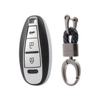 PremiumSoft TPU Leather Pattern Key Cover Compatible with Maruti 3 Button Baleno Ciaz Vitara Brezza S Cross Swift Ignis and Urban Cruiser Smart Key (Silver)