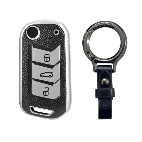 Leather TPU Key Cover and Keychain compatible for Mahindra Thar, Bolero, Scorpio, XUV700, XUV400, XUV300, TUV300, Marazzo 3 button flip key (Black)