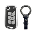 Leather TPU Key Cover and Keychain compatible for Mahindra Thar, Bolero, Scorpio, XUV700, XUV400, XUV300, TUV300, Marazzo 3 button flip key (Black)
