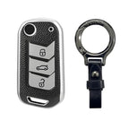 Leather TPU Key Cover and Keychain compatible for Mahindra Thar, Bolero, Scorpio, XUV700, XUV400, XUV300, TUV300, Marazzo 3 button flip key (Black)