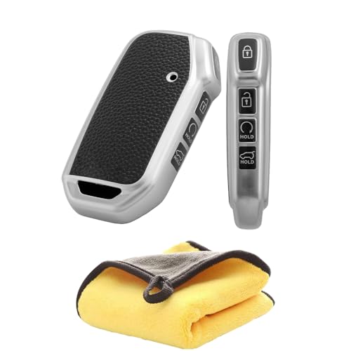 Leather TPU Key Cover and Car Cleaning Towel Compatible with Kia Seltos 2023 Facelift HTX | Carens X Line | Sonet Facelift 4 Button Smart Key