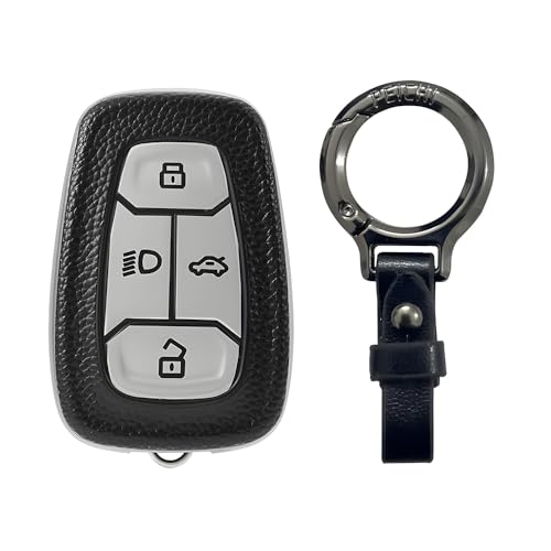 Leather TPU Key Cover and keychain Compatible for Tata Nexon Harrier Safari Altroz Punch Tigor 4 button Smart Key
