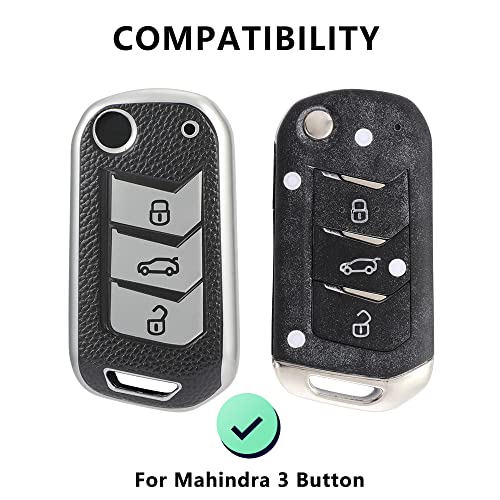 Leather TPU Key Cover and Keychain compatible for Mahindra Thar, Bolero, Scorpio, XUV700, XUV400, XUV300, TUV300, Marazzo 3 button flip key (Black)