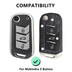 Leather TPU Key Cover and Keychain compatible for Mahindra Thar, Bolero, Scorpio, XUV700, XUV400, XUV300, TUV300, Marazzo 3 button flip key (Black)