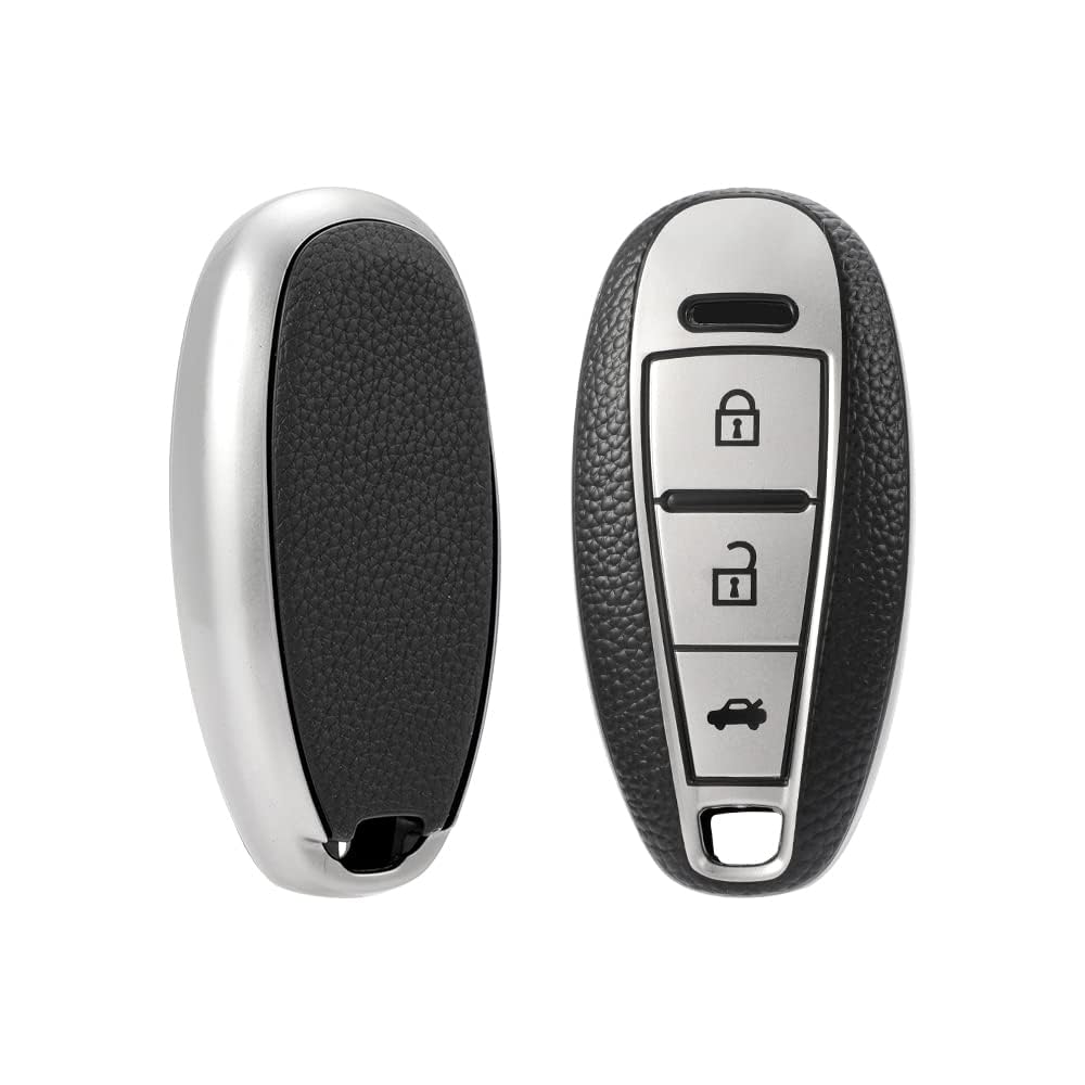 PremiumSoft TPU Leather Pattern Key Cover Compatible with Maruti 3 Button Baleno Ciaz Vitara Brezza S Cross Swift Ignis and Urban Cruiser Smart Key (Silver)