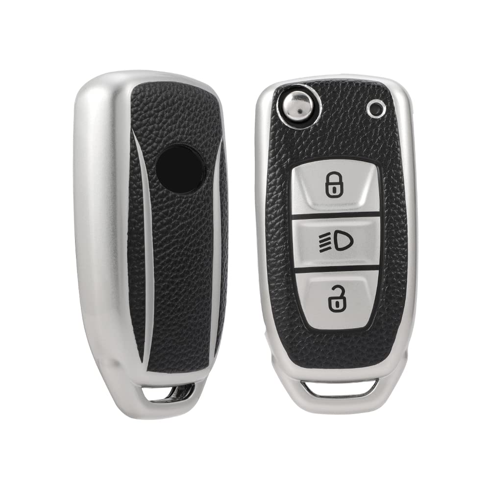 Leather TPU Key Cover Compatible for Tata Nexon Harrier Altroz Punch Safari Tigor Tiago Zest Bolt 3 Button flip Key