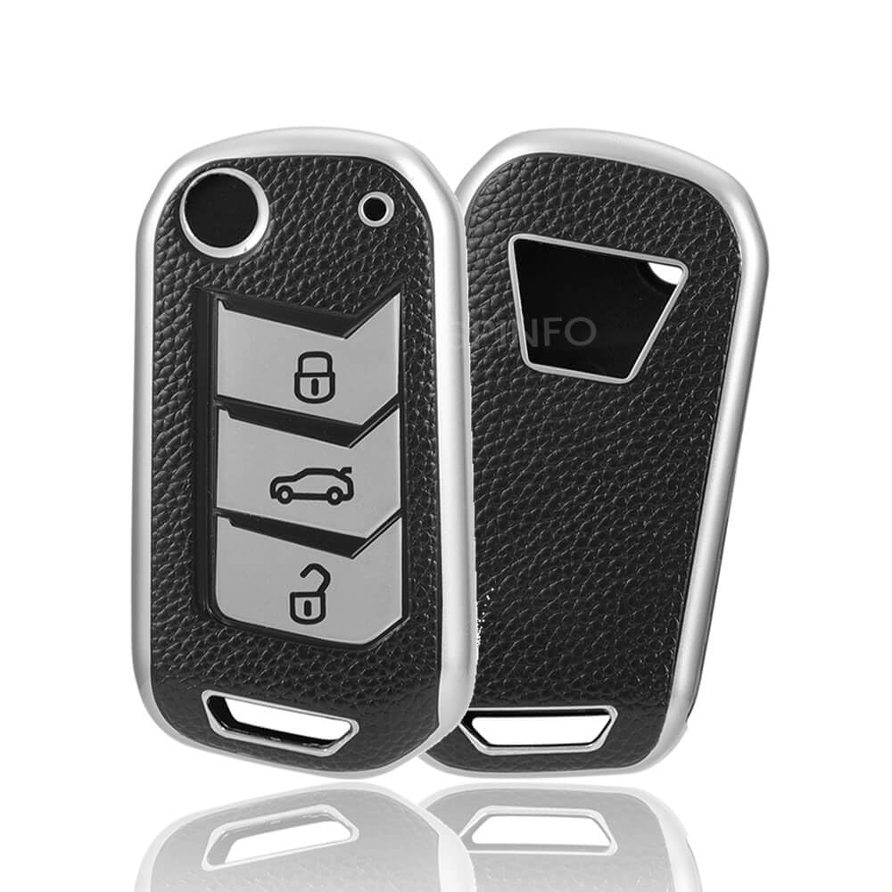 SPINFO Leather TPU Key Cover Compatible for Mahindra Thar, Bolero, Scorpio, XUV700, XUV400, XUV300, TUV300, Marazzo 3 Button flip Key (Silver)