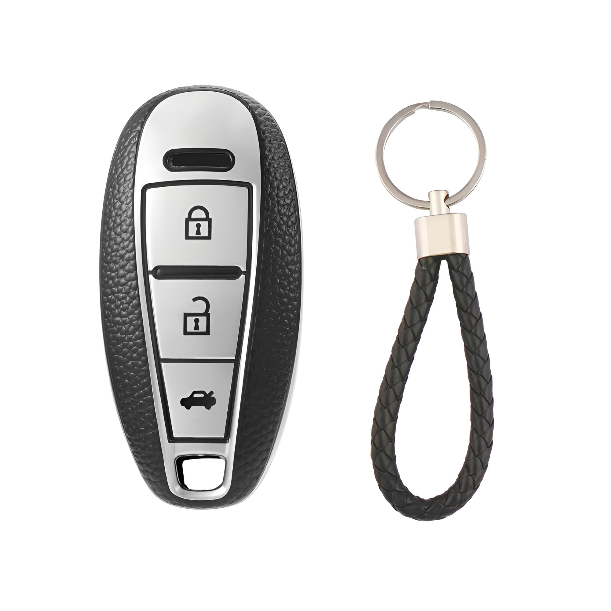 PremiumSoft TPU Leather Pattern Key Cover Compatible with Maruti 3 Button Baleno Ciaz Vitara Brezza S Cross Swift Ignis and Urban Cruiser Smart Key (Silver)