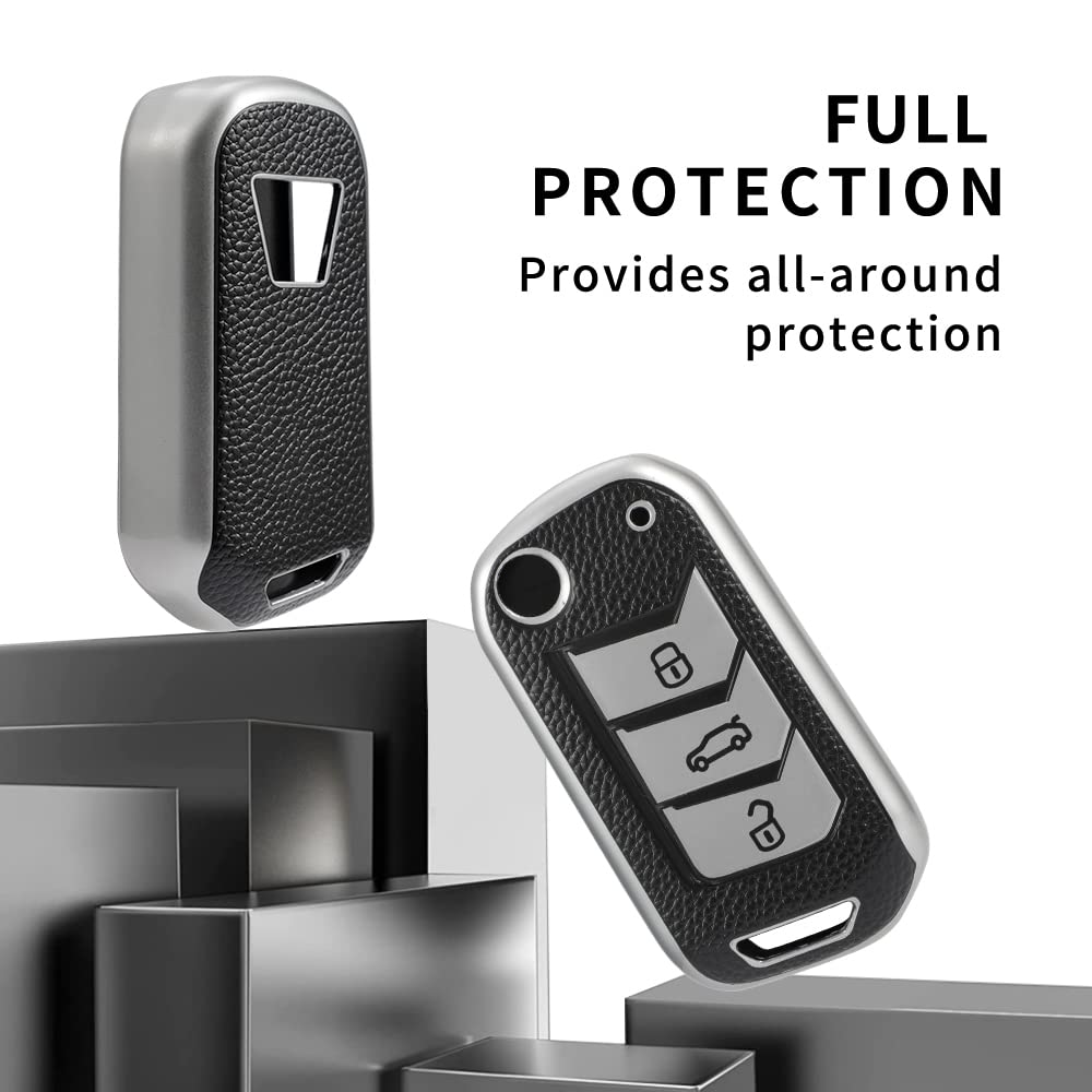 SPINFO Leather TPU Key Cover Compatible for Mahindra Thar, Bolero, Scorpio, XUV700, XUV400, XUV300, TUV300, Marazzo 3 Button flip Key (Silver)