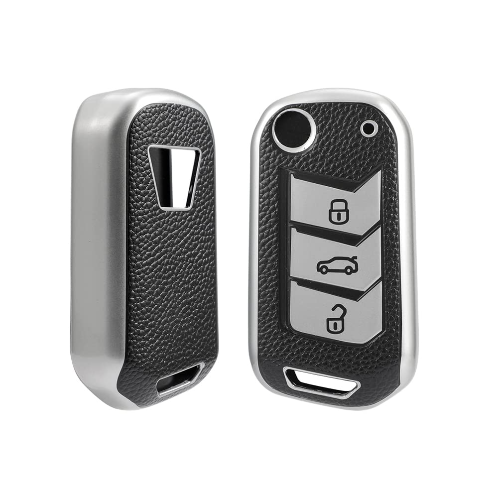 Leather TPU Key Cover and Keychain compatible for Mahindra Thar, Bolero, Scorpio, XUV700, XUV400, XUV300, TUV300, Marazzo 3 button flip key (Black)