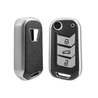 Leather TPU Key Cover and Keychain compatible for Mahindra Thar, Bolero, Scorpio, XUV700, XUV400, XUV300, TUV300, Marazzo 3 button flip key (Black)