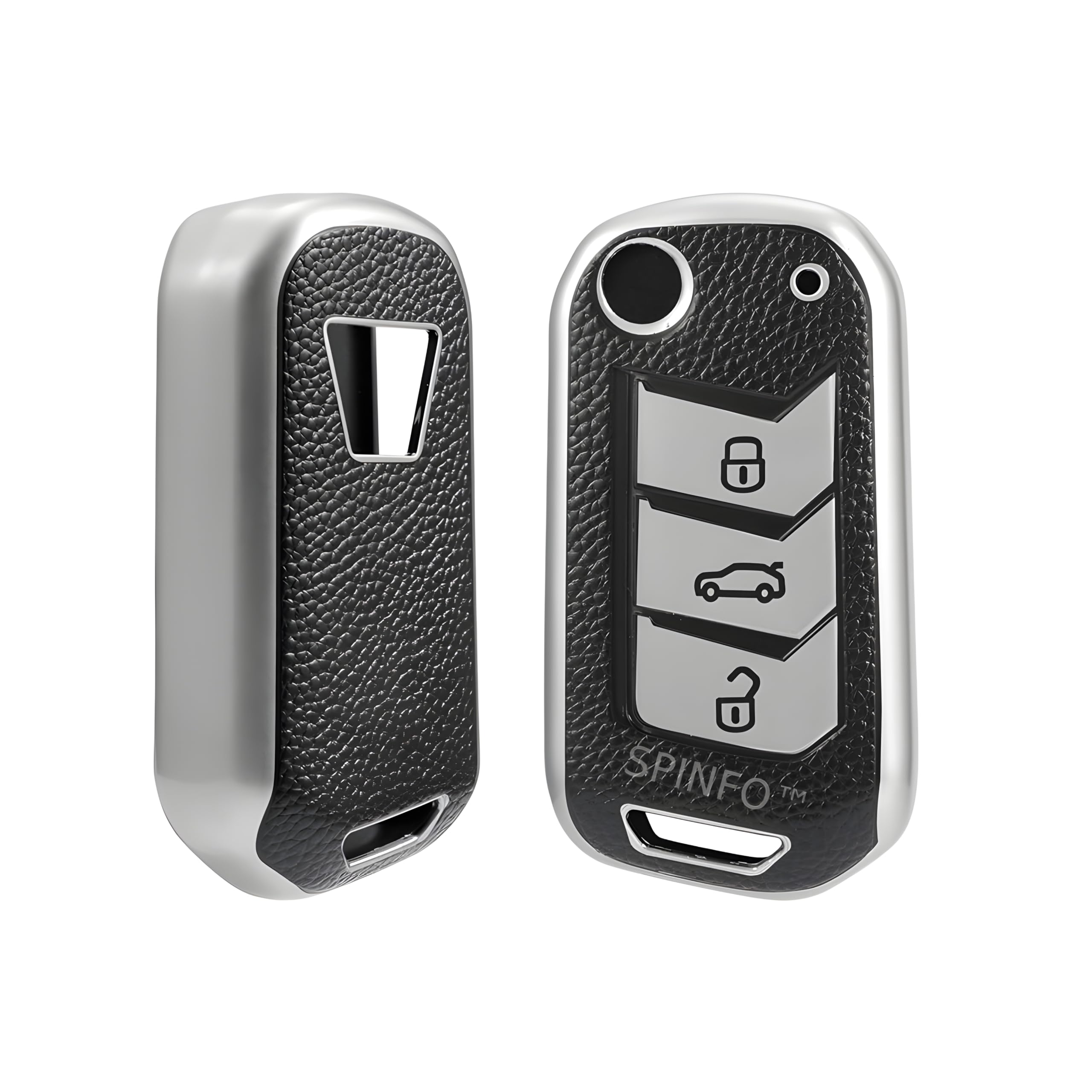 SPINFO Leather TPU Key Cover Compatible for Mahindra Thar, Bolero, Scorpio, XUV700, XUV400, XUV300, TUV300, Marazzo 3 Button flip Key (Silver)