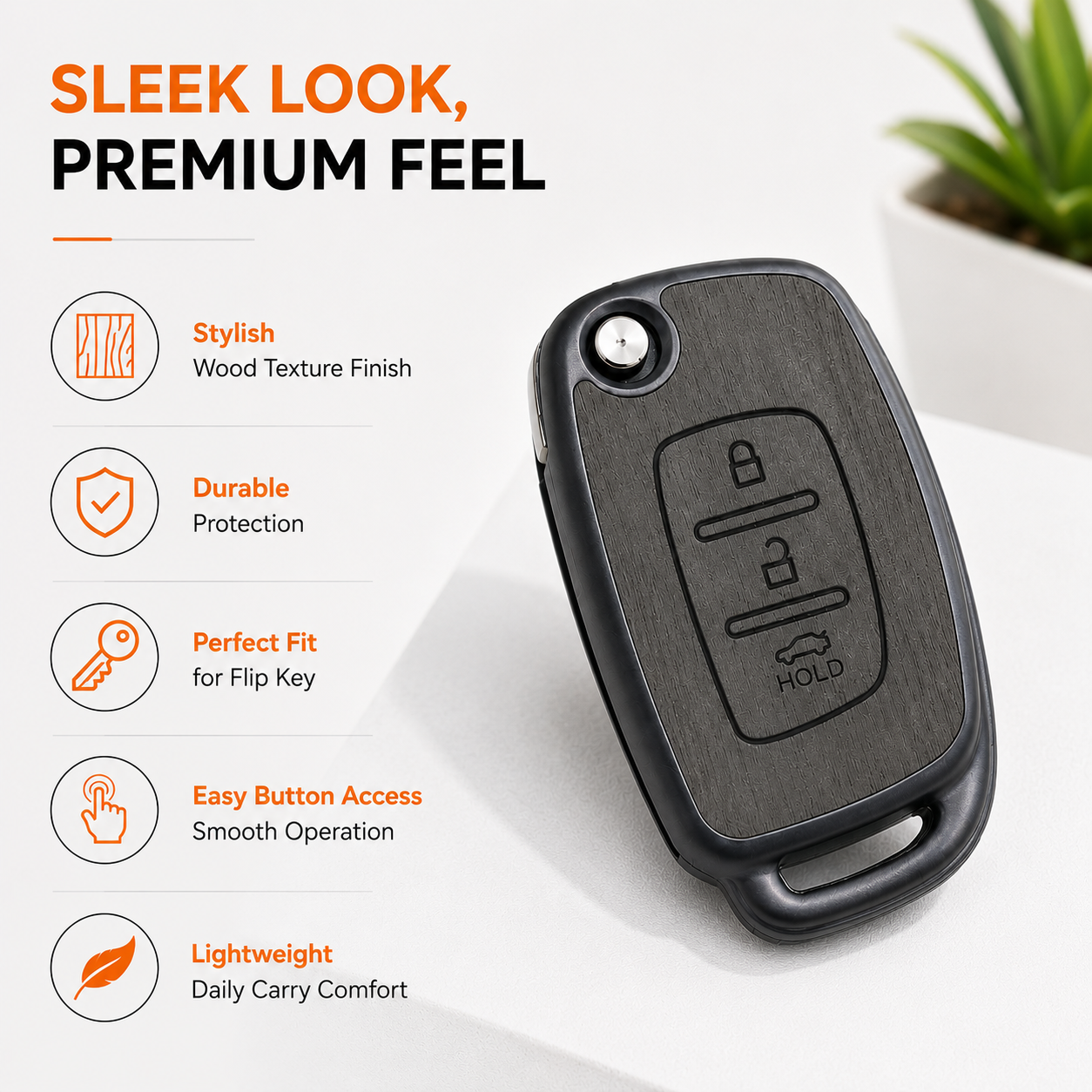 SPINFO Key Cover for Hyundai Creta, Venue, Tucson, Alcazar, i20, Grand i10 Nios, Aura, Xcent, Exter 3 Button Flip Key | Premium Wood Grain TPU Car Key Case | Scratch Resistant Remote Protector