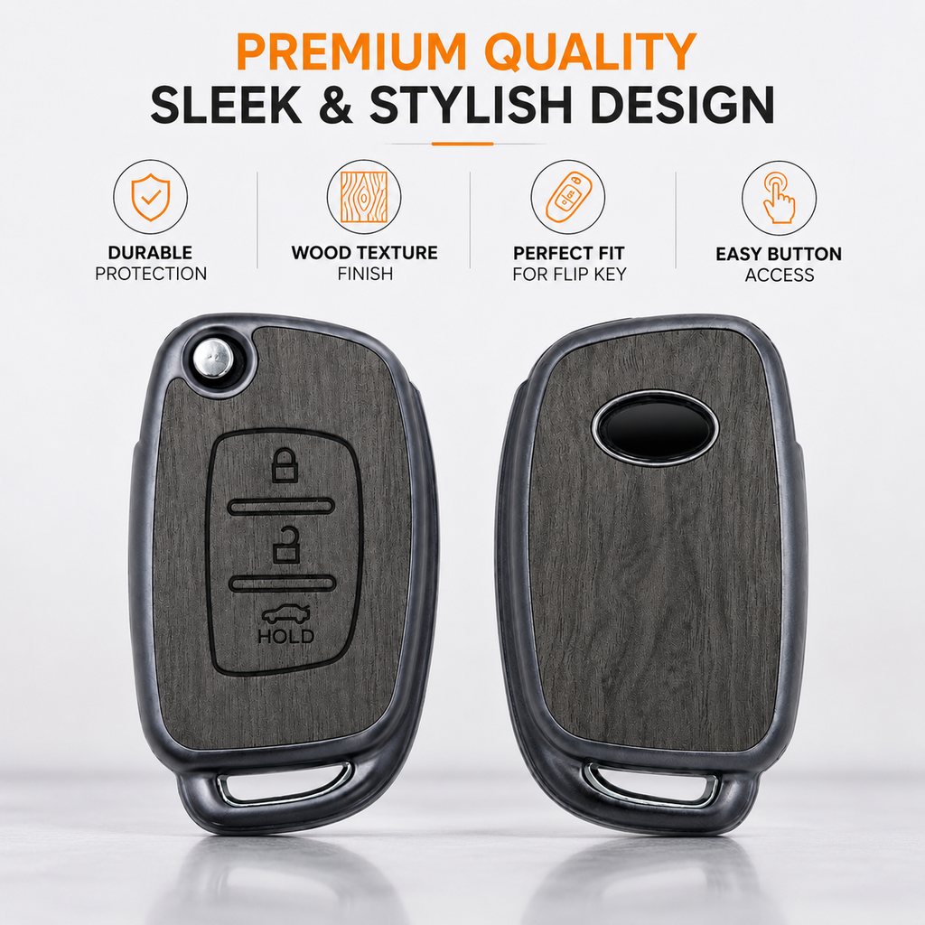 SPINFO Key Cover for Hyundai Creta, Venue, Tucson, Alcazar, i20, Grand i10 Nios, Aura, Xcent, Exter 3 Button Flip Key | Premium Wood Grain TPU Car Key Case | Scratch Resistant Remote Protector