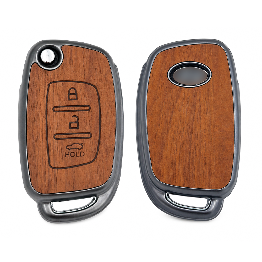 SPINFO Key Cover for Hyundai Creta, Venue, Tucson, Alcazar, i20, Grand i10 Nios, Aura, Xcent, Exter 3 Button Flip Key | Premium Wood Grain TPU Car Key Case | Scratch Resistant Remote Protector